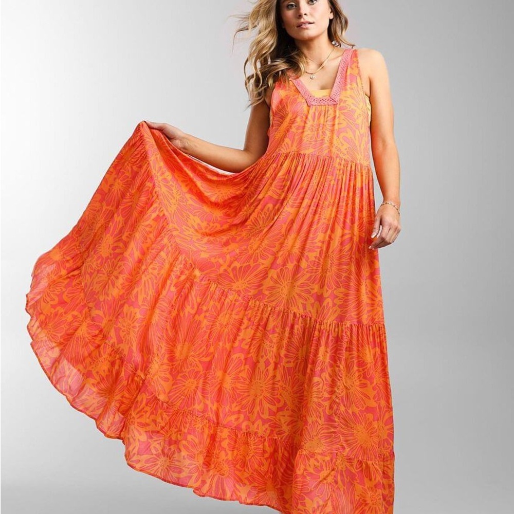 Free People Vibrant Orange Floral Maxi Dress